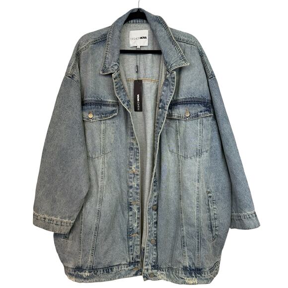 Fashion Nova Losing Focus Denim Jean Jacket Size 2X NEW Light Wash Distressed - Picture 1 of 10